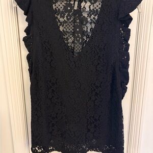 Black Lace Ruffle Sleeve V-Neck Top